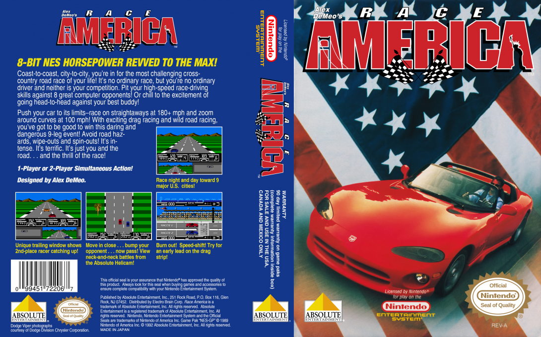 Alex DeMeo’s Race America [US] nes 1992 Box Art