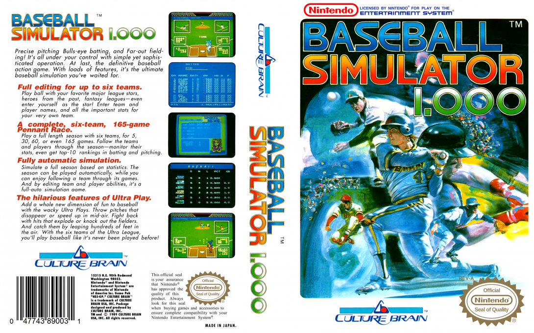 Baseball Simulator 1.000 [US] nes 1990 Box Art