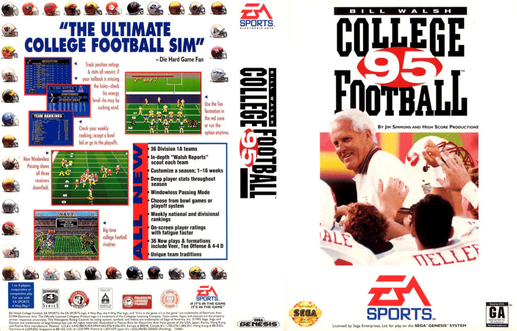 Bill Walsh College Football 95 [US] segaMD 1994 Box Art