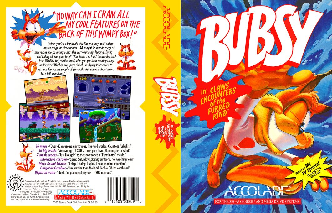 Bubsy in : Claws Encounters of the Furred Kind [US,EU] segaMD 1993 Box Art