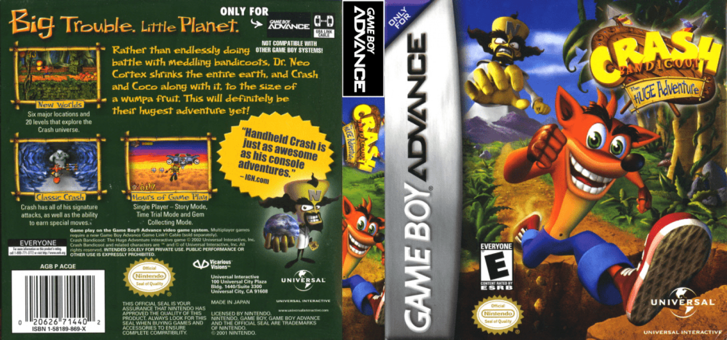 Crash Bandicoot : The Huge Adventure [US] gba 2002 Box Art