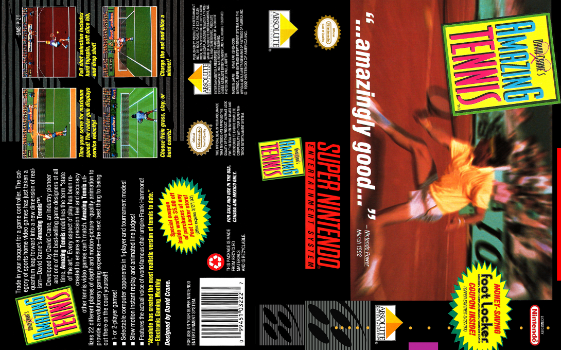 David Crane’s Amazing Tennis [US] snes 1992 Box Art