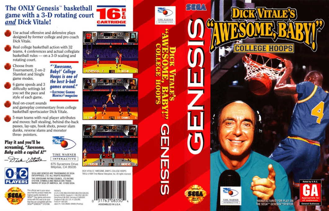 Dick Vitale’s ‘Awesome, Baby!’ College Hoops [US] segaMD 1994 Box Art