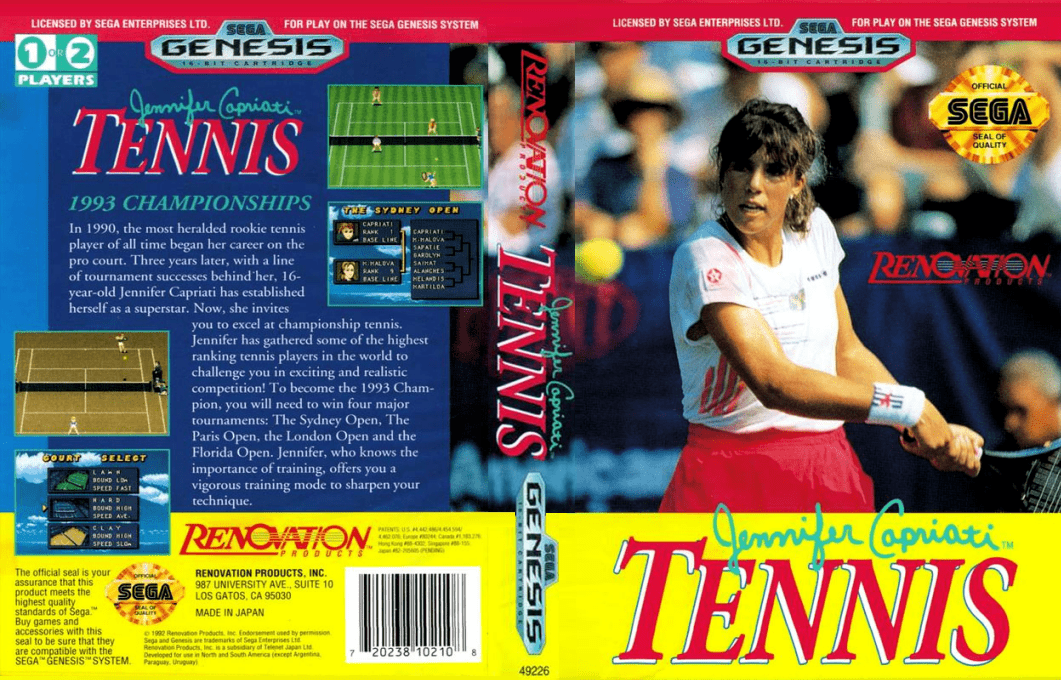 Jennifer Capriati Tennis [US] segaMD 1992 Box Art