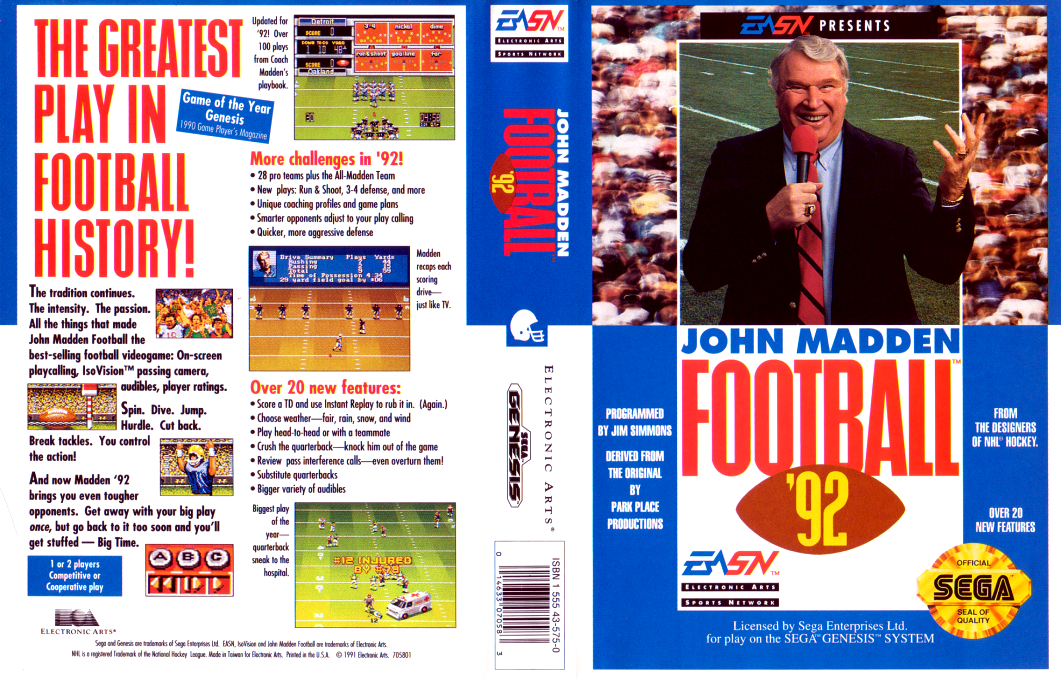 John Madden Football ’92 [US,EU] segaMD 1991 Box Art