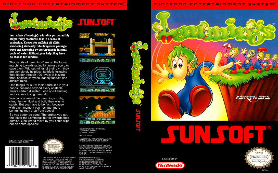 Lemmings [US] nes 1992 Box Art