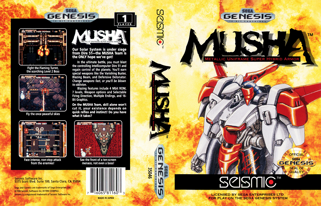 MUSHA : Metallic Uniframe Super Hybrid Armor [US] segaMD 1990 Box Art