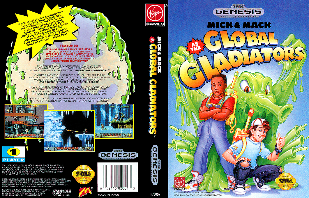 Mick & Mack as the Global Gladiators [US] segaMD 1992 Box Art