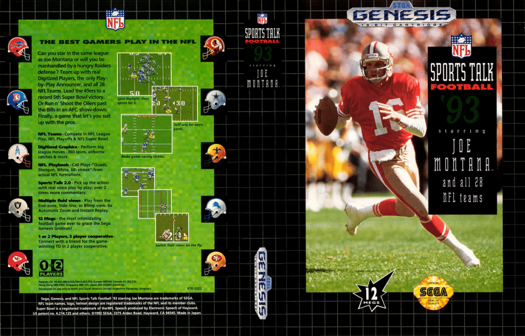 NFL Sports Talk Football ’93 Starring Joe Montana [US,EU] segaMD 1992 Box Art