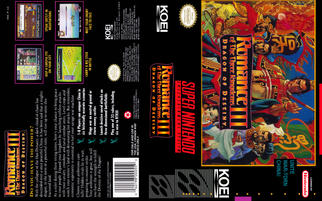 Romance of the Three Kingdoms III : Dragon of Destiny [US] snes 1992 Box Art