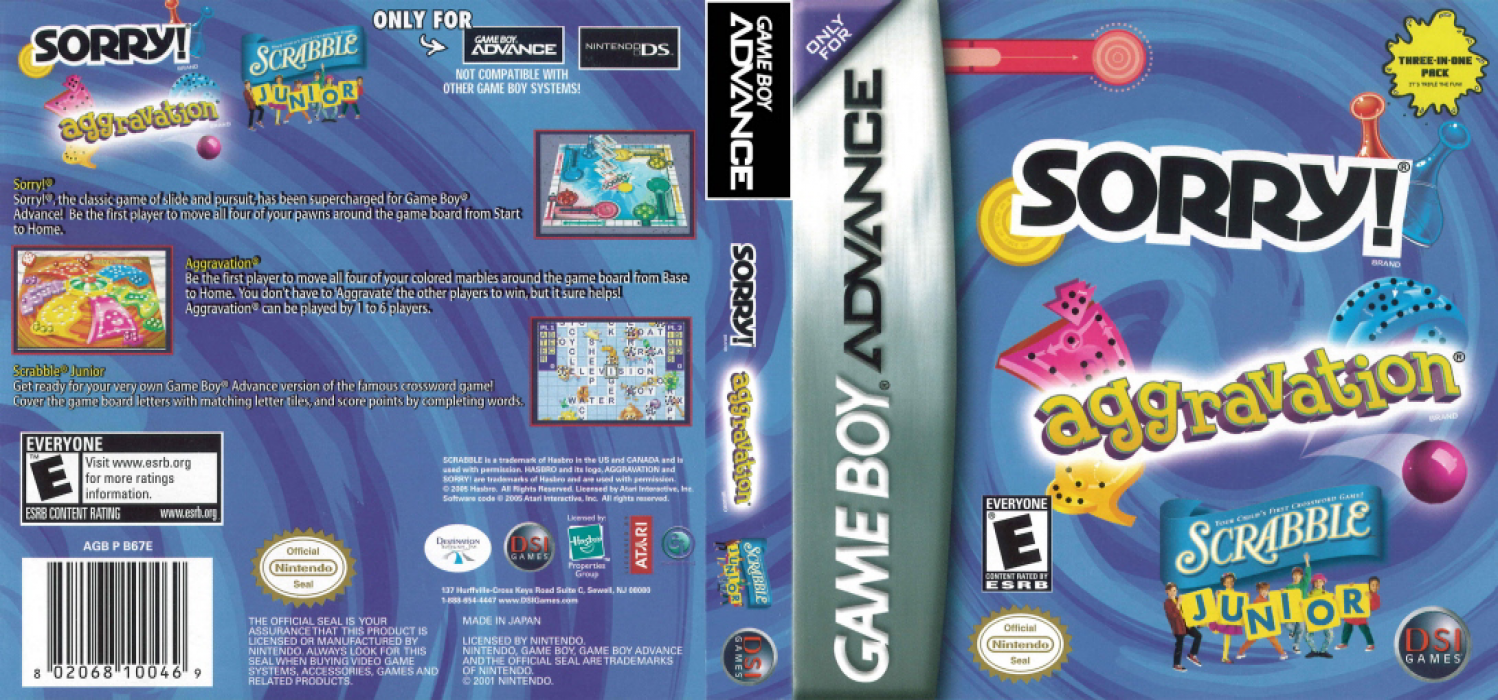 Three-in-One Pack : Sorry! + Aggravation + Scrabble Junior [US] gba 2005 Box Art