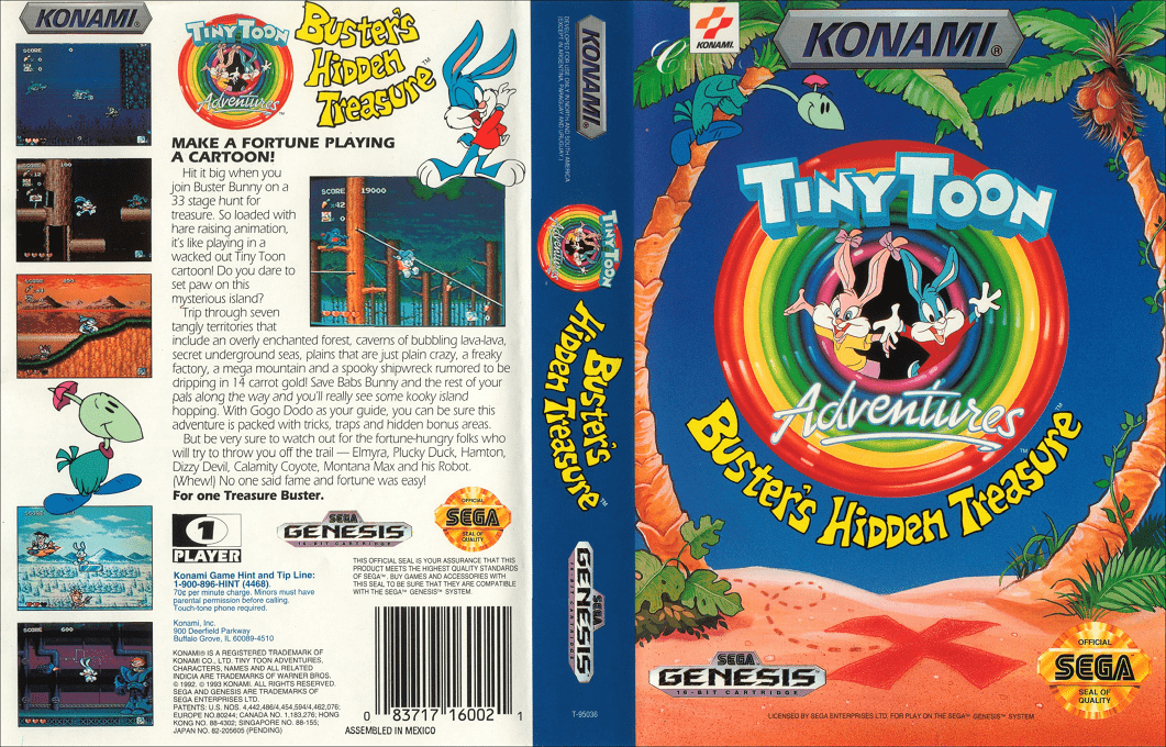 Tiny Toon Adventures : Buster’s Hidden Treasure [US] segaMD 1993 Box Art