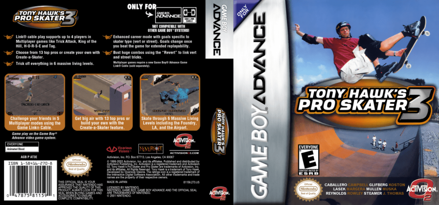 Tony Hawk’s Pro Skater 3 [US,EU] gba 2002 Box Art