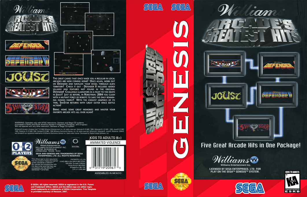 Williams Arcade’s Greatest Hits [US] segaMD 1996 Box Art
