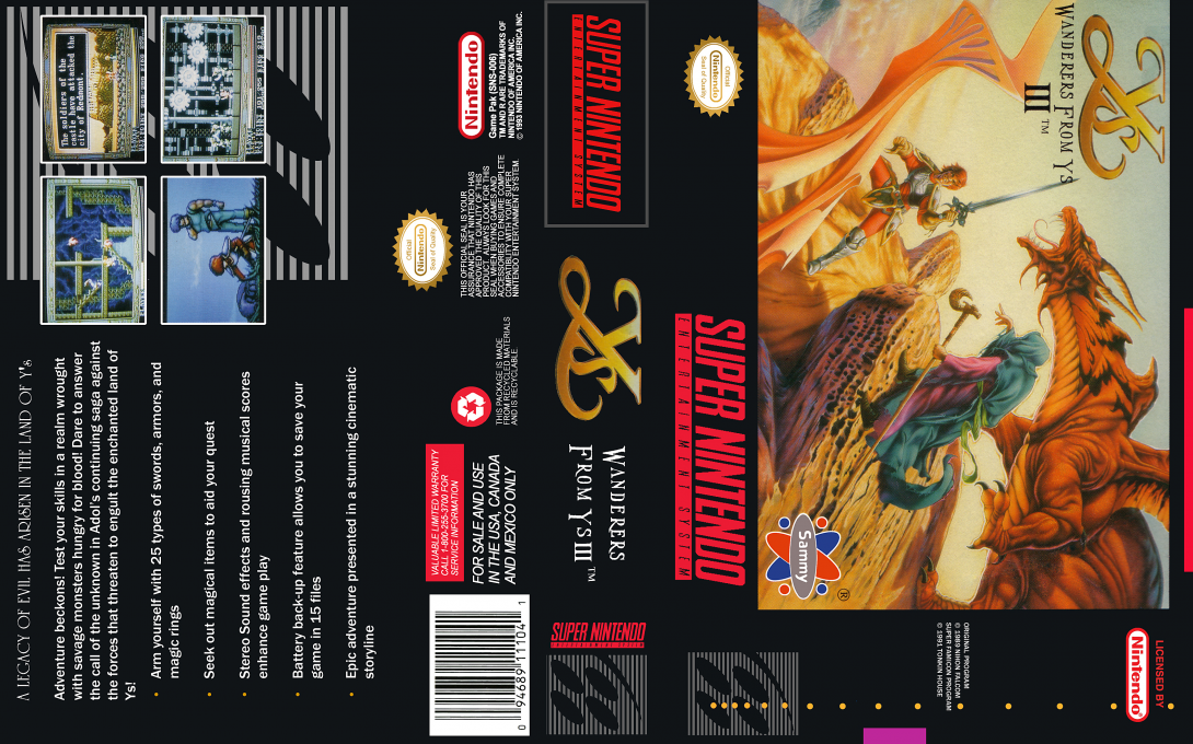 Ys III : Wanderers from Ys [US] snes 1992 Box Art